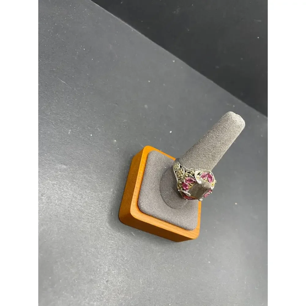 Sterling Silver 925 Smoky Quartz Pink Marquise Accent Floral Ring Size 10